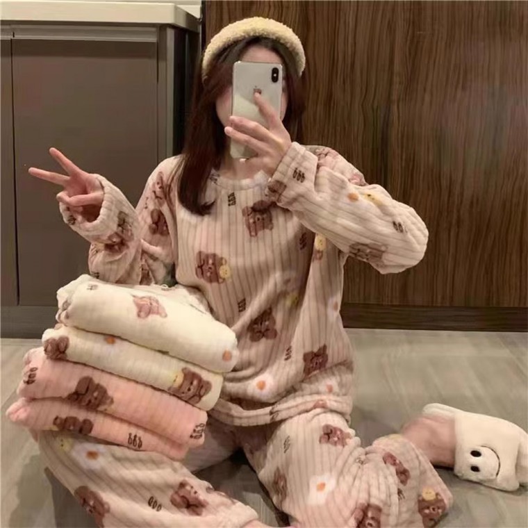 지니몰 몽실 극세사 베어 플라워 홈웨어 잠옷 파자마 세트 - 상품 이미지