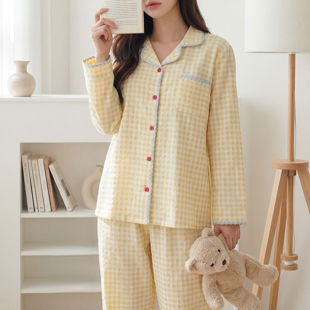 [M~XL]간절기 잠옷 옐로우체크 파자마세트 홈웨어 - 상품 이미지