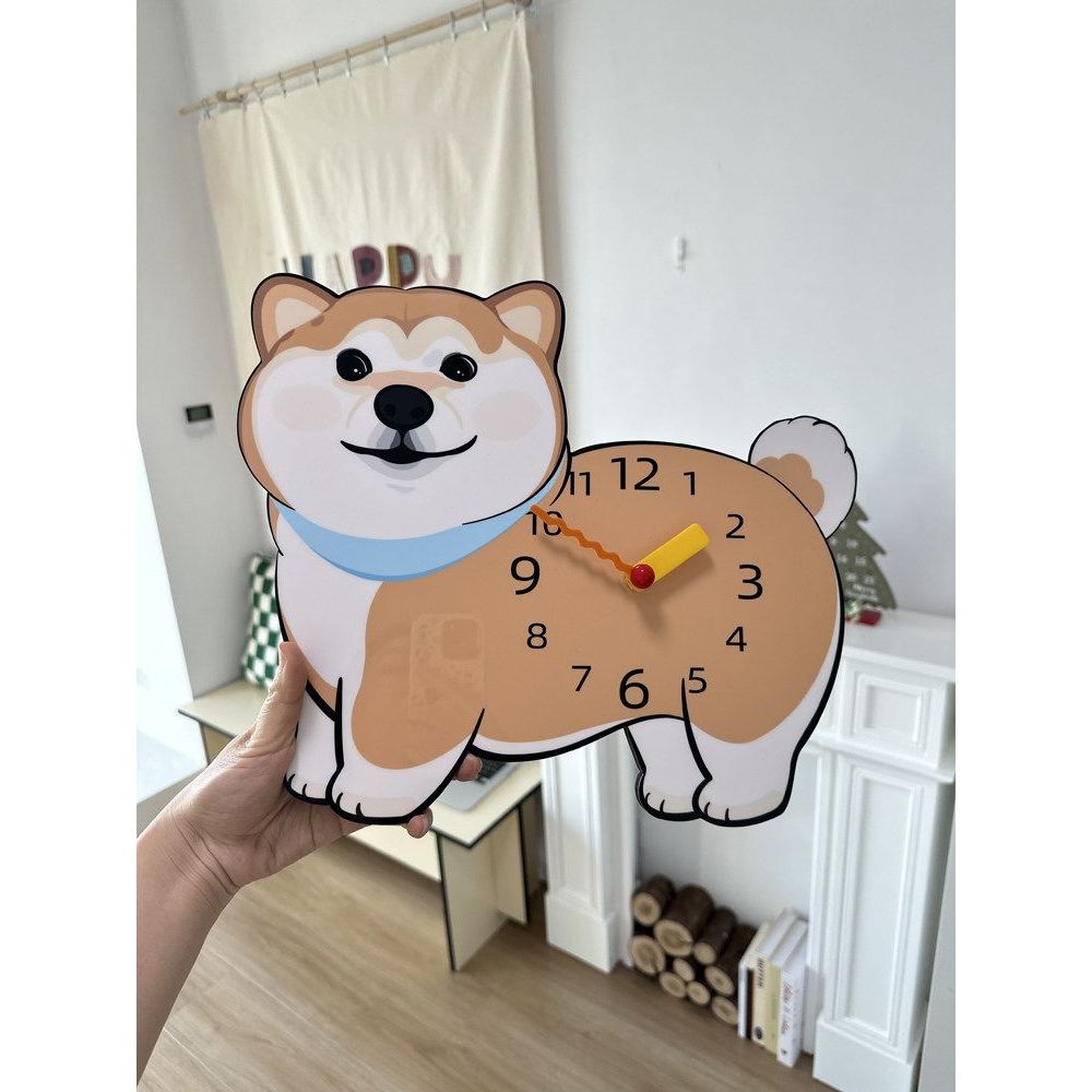 강아지 귀여운 벽시계 무소음 인테리어 거실시계 무타공 꼬리흔드는 시바 홈 데코용 - 상품 이미지