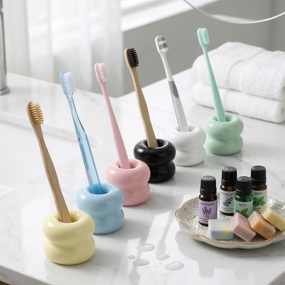 메르홈 뚱카롱 세라믹 칫솔꽂이 칫솔거치대 도자기 무타공 홀더 보관함 걸이 - 상품 이미지