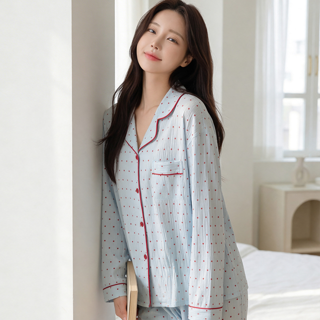 [M~XL]간절기 잠옷 블루 레드도트 파자마세트 홈웨어 - 상세 이미지 5