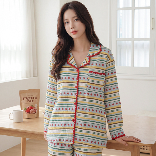 [M~XL]간절기 잠옷 레인보우 딸기 파자마세트 홈웨어 - 상품 이미지