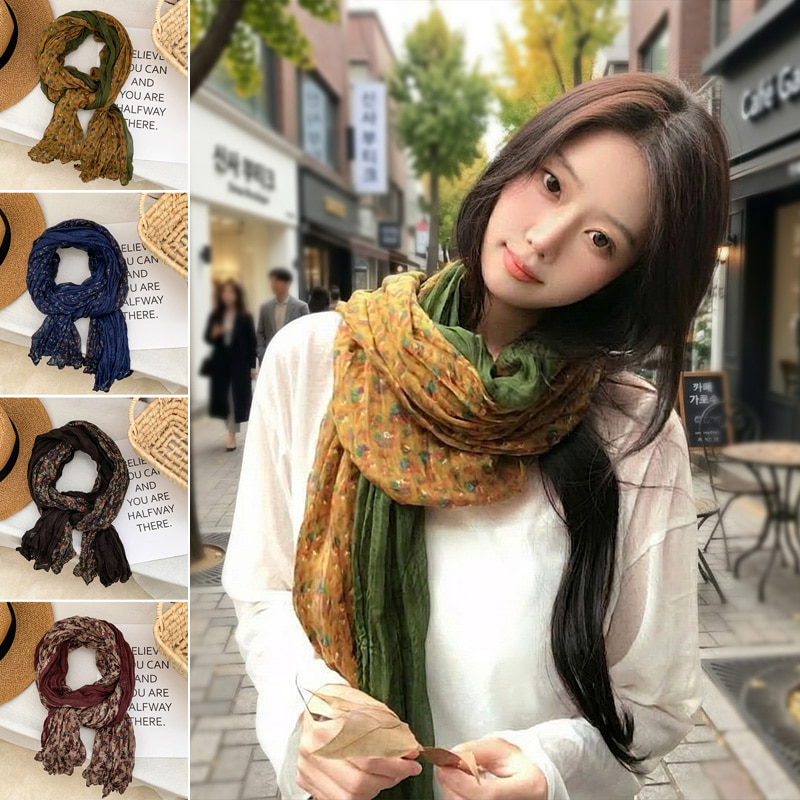 꽃무늬 배색 여성스런 봄가을 주름 꽈배기 롱 머플러 - 상품 이미지