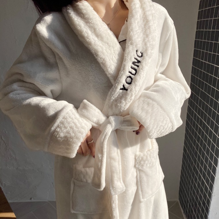 커스텀 로브 남녀공용 무지 샤워가운 목욕가운 호텔 커플 로브 파자마 홈웨어 크림 아이보리 - 상품 이미지