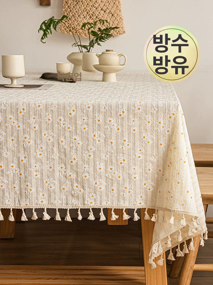코튼 린넨 꽃무늬 테이블보 스몰 대형 방수 식탁보 태슬 스몰 데이지 (방수) 120x180cm - 상세 이미지 2
