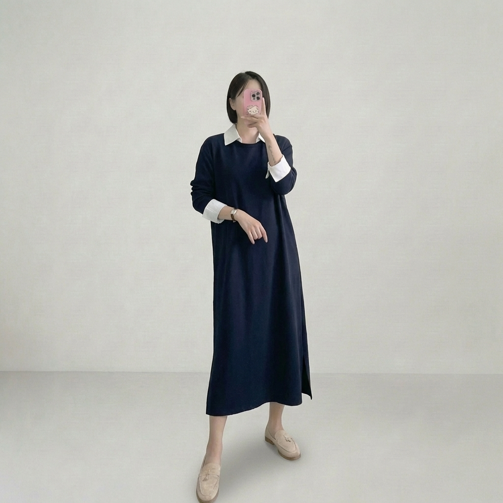셔츠카라원피스 배색카라롱 박스핏원피스 H라인오버핏홈웨어 빅사이즈데일리룩 이미지 7