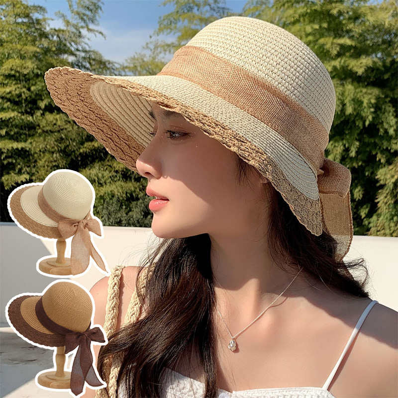 예쁜리본 여성스런 끝단 밀짚배색 비치모자 왕골모자 - 상품 이미지