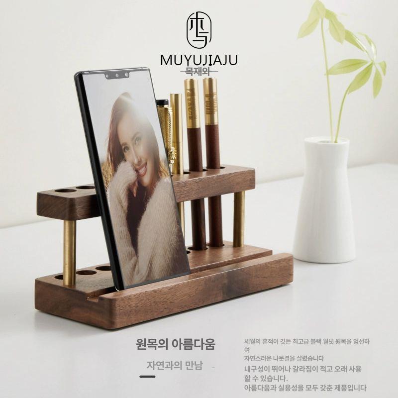 만년필 거치대 연필 정리 수납 펜 꽂이 홀더 원목 고급 월넛 펜 홀더 + 헤어라인 골드 - 상세 이미지 3