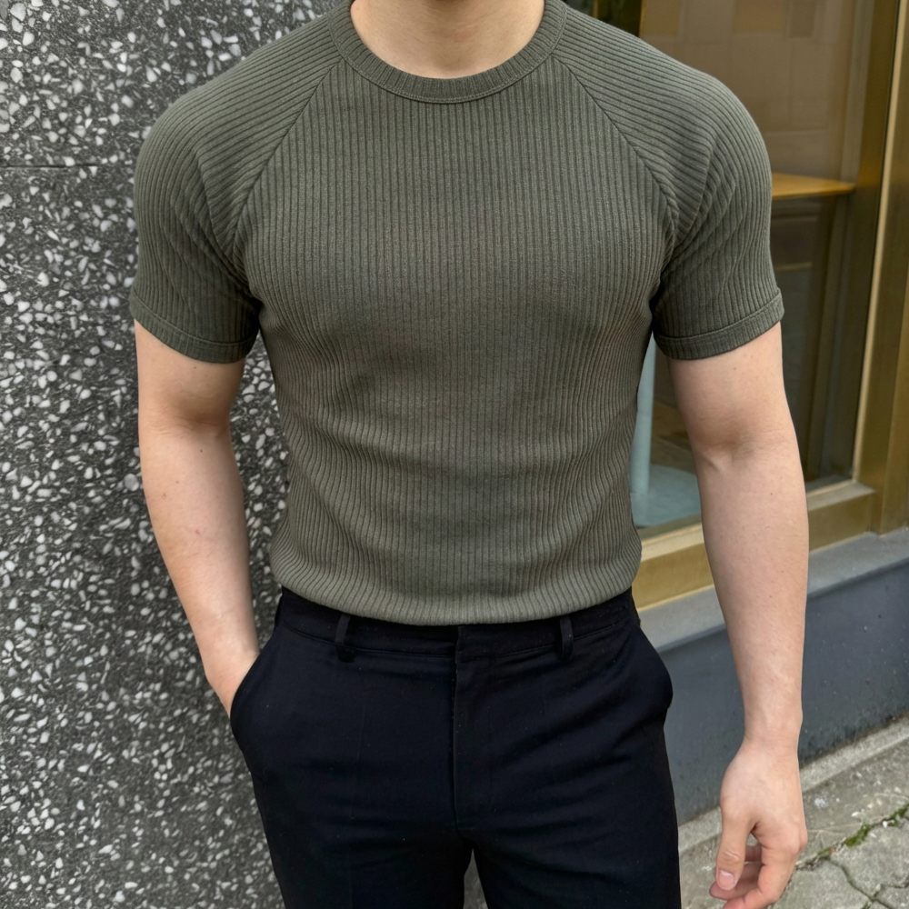 레글런 골지 슬림 반팔티셔츠 카키, M - 상품 이미지