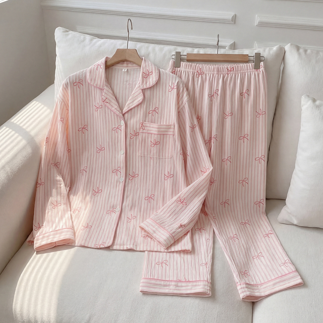 [M~XL]간절기 잠옷 핑크리본 파자마세트 홈웨어 이미지 6
