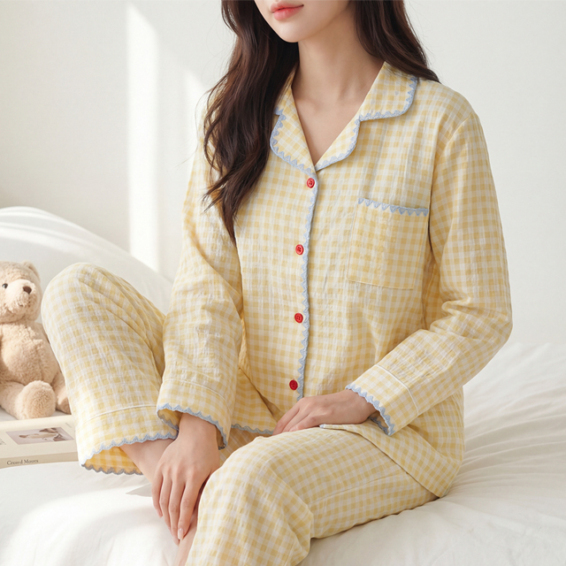 [M~XL]간절기 잠옷 옐로우체크 파자마세트 홈웨어 - 상세 이미지 3