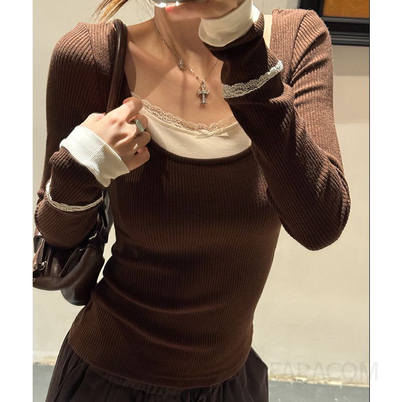 여성 캐주얼 슬림핏 레이어드 레이스 배색 스퀘어넥 스판 긴팔 티셔츠 데일리 이너 이미지 7