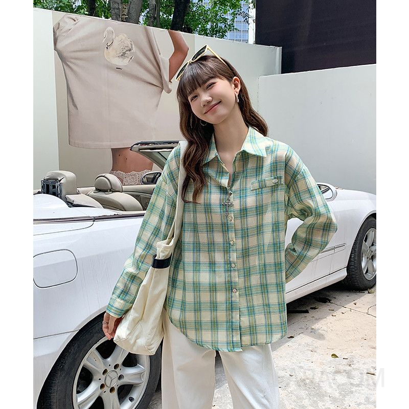 여성 데일리 캐주얼 코튼 체크 자수 긴팔 셔츠 오버핏 빈티지 포켓 블라우스 바디라인 커버 루즈핏 상의 - 상세 이미지 4