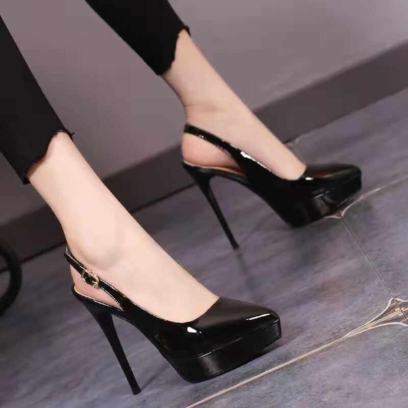 에나멜 유광 블랙 뾰족코 가보시 스틸레토 슬링백 12cm 킬힐 - 상품 이미지