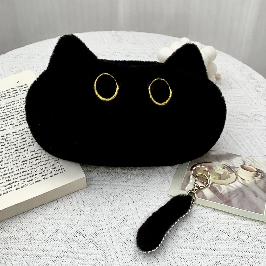 검은 고양이 인형 지퍼 펜 파우치 필통 봉제인형 화장품 필기구 수납 생리대 학생필통 - 상세 이미지 2