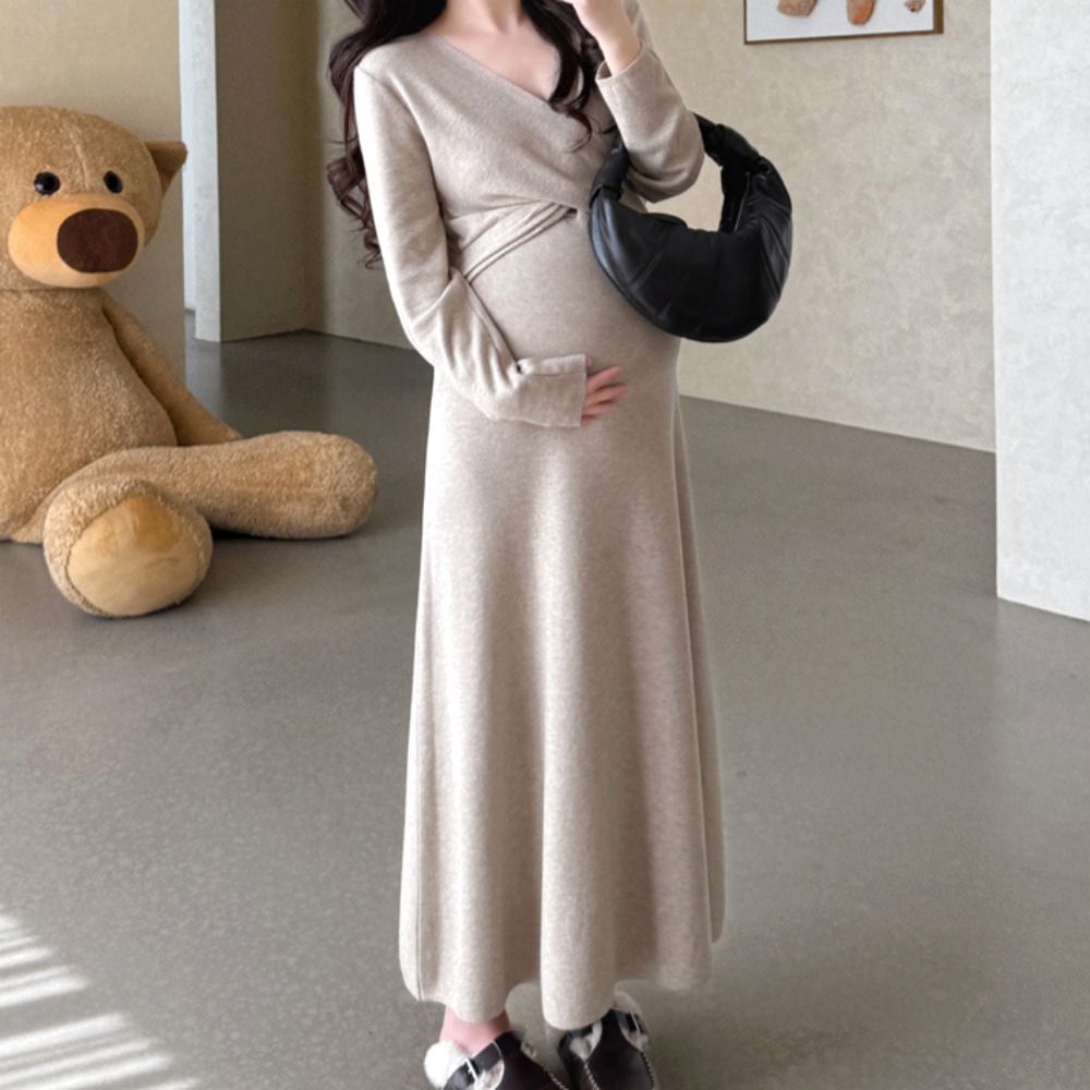 임산부하객룩 키작녀 임부복 봄 결혼식 가을 롱 원피스 - 상세 이미지 5