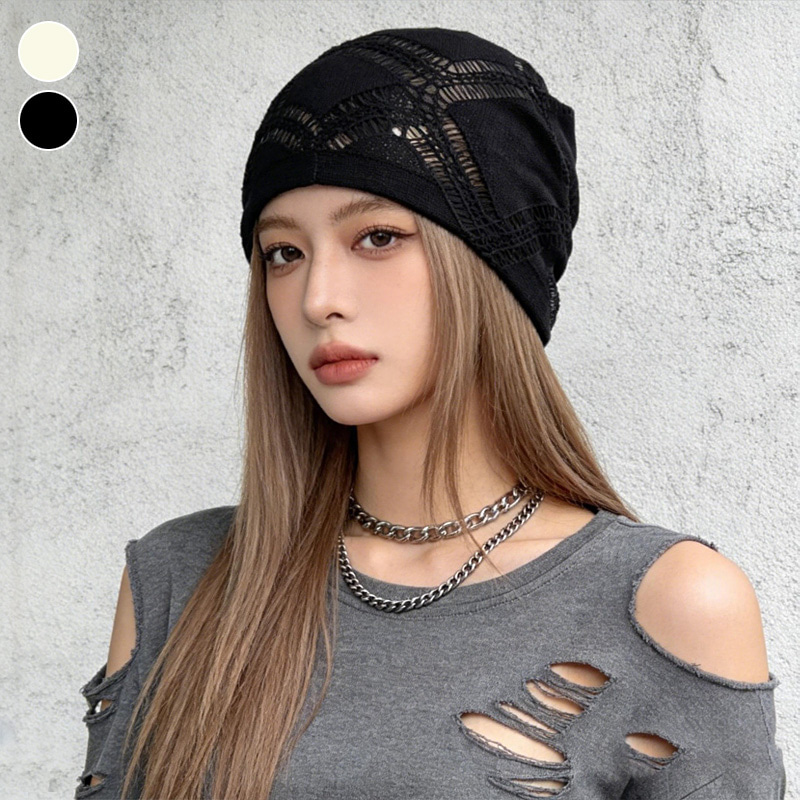 패션 빈티지 다이아짜임 환우모 얇은 펀칭 니트 비니 - 상품 이미지