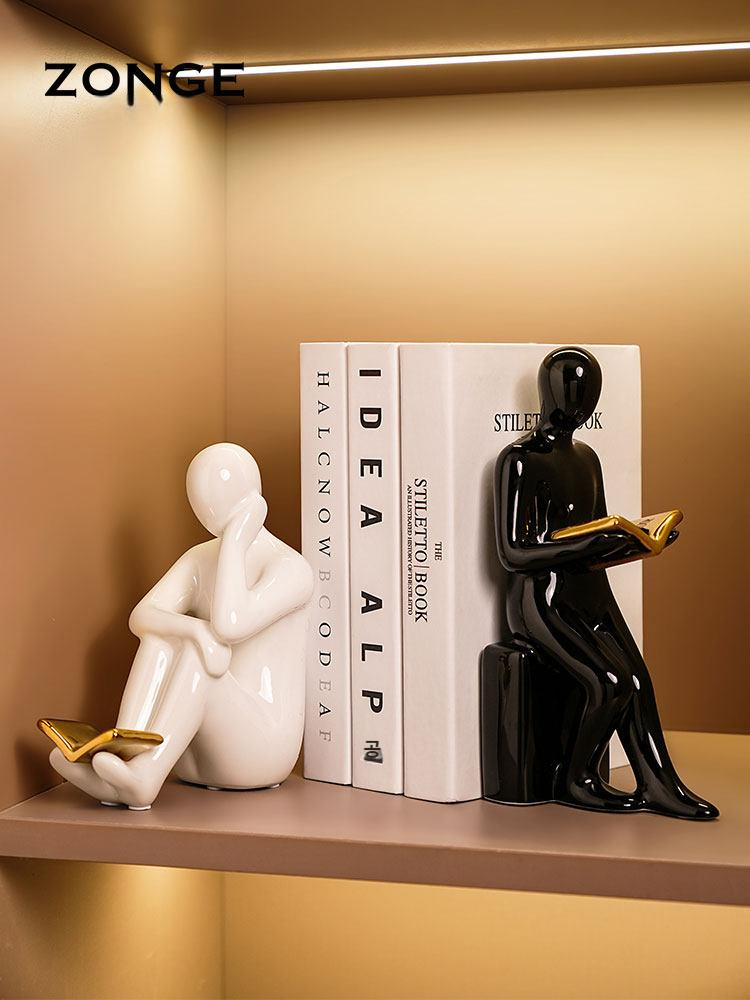 서재장식 남과여 장식소품 카페 독서인형 장식품 세라믹 인물 책장 (흑백 한 쌍 책 3권 포함) - 상품 이미지