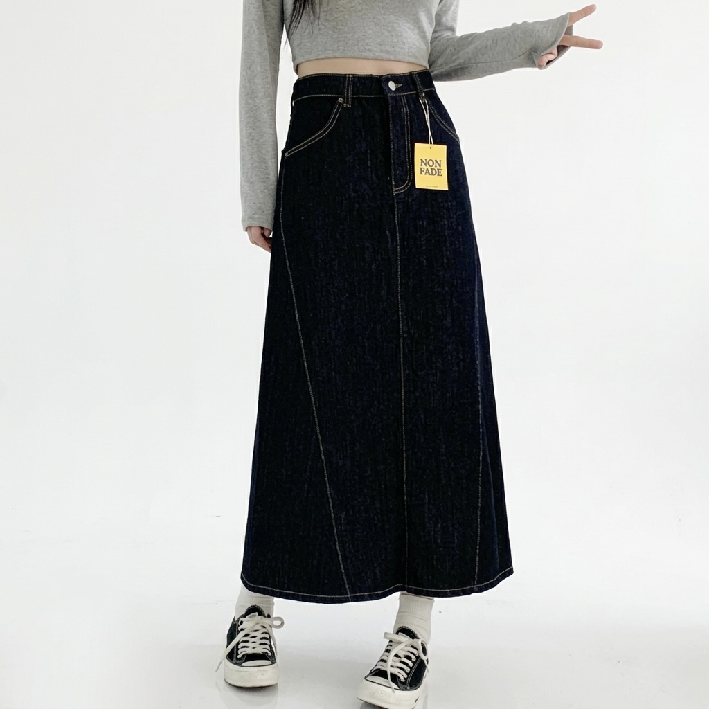 이염없는 논페이드 생지 데님롱스커트 롱청치마 A라인 밴딩 S,M,L - 상품 이미지