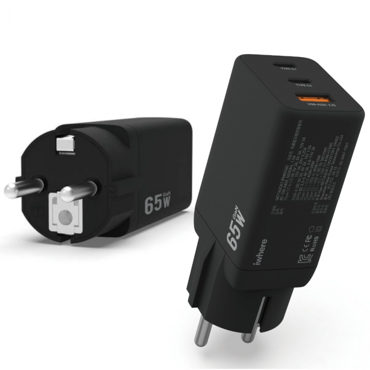 65W 접지 3포트 멀티 초고속충전기 핸드폰 노트북 충전 지원 IPD-653G - 상품 이미지