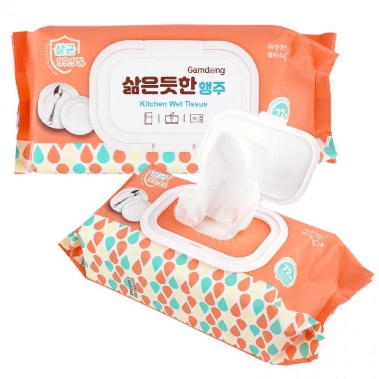 감동 삶은듯한행주 72매 캡형 살균 주방 다용도 물티슈 대용량 식기세정 티슈 - 상품 이미지