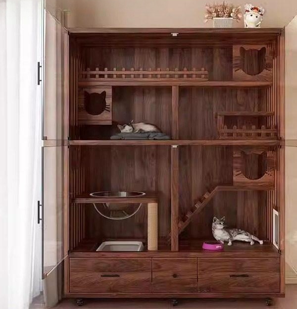 고양이 호텔장 대형 사육장 별장 놀이터 캐비닛형 캣빌라 월넛컬러 120x60x180 빌라 파노라마 전문가 현장설치 - 상품 이미지