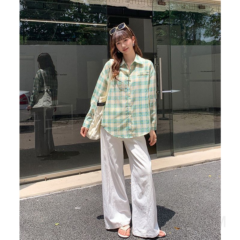 여성 데일리 캐주얼 코튼 체크 자수 긴팔 셔츠 오버핏 빈티지 포켓 블라우스 바디라인 커버 루즈핏 상의 - 상세 이미지 5