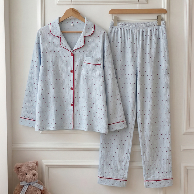 [M~XL]간절기 잠옷 블루 레드도트 파자마세트 홈웨어 - 상세 이미지 4