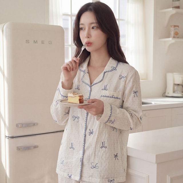 [M~XL]간절기 잠옷 블루리본 파자마세트 홈웨어 - 상품 이미지