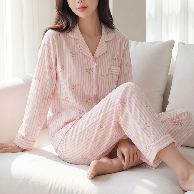 [M~XL]간절기 잠옷 핑크리본 파자마세트 홈웨어 - 상세 이미지 5