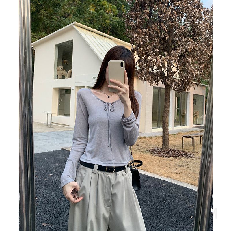 여성 캐주얼 텐셀 혼방 리본 브이넥 슬림핏 긴팔 니트 티셔츠 여리여리 레이어드 이너웨어 베이직 이미지 7