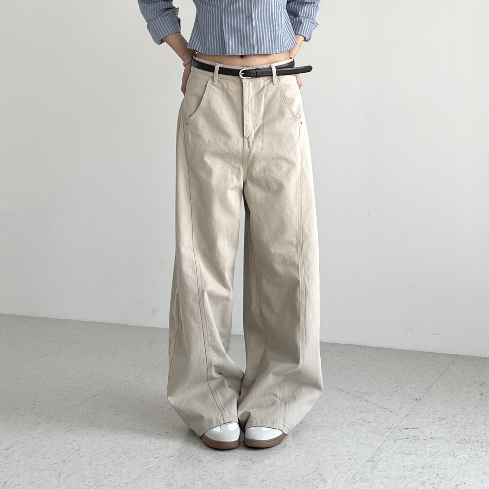 커브드팬츠 여성면바지 코튼 와이드 봄 배기핏 배럴 사선절개 아치커브 벌룬팬츠 이미지 4