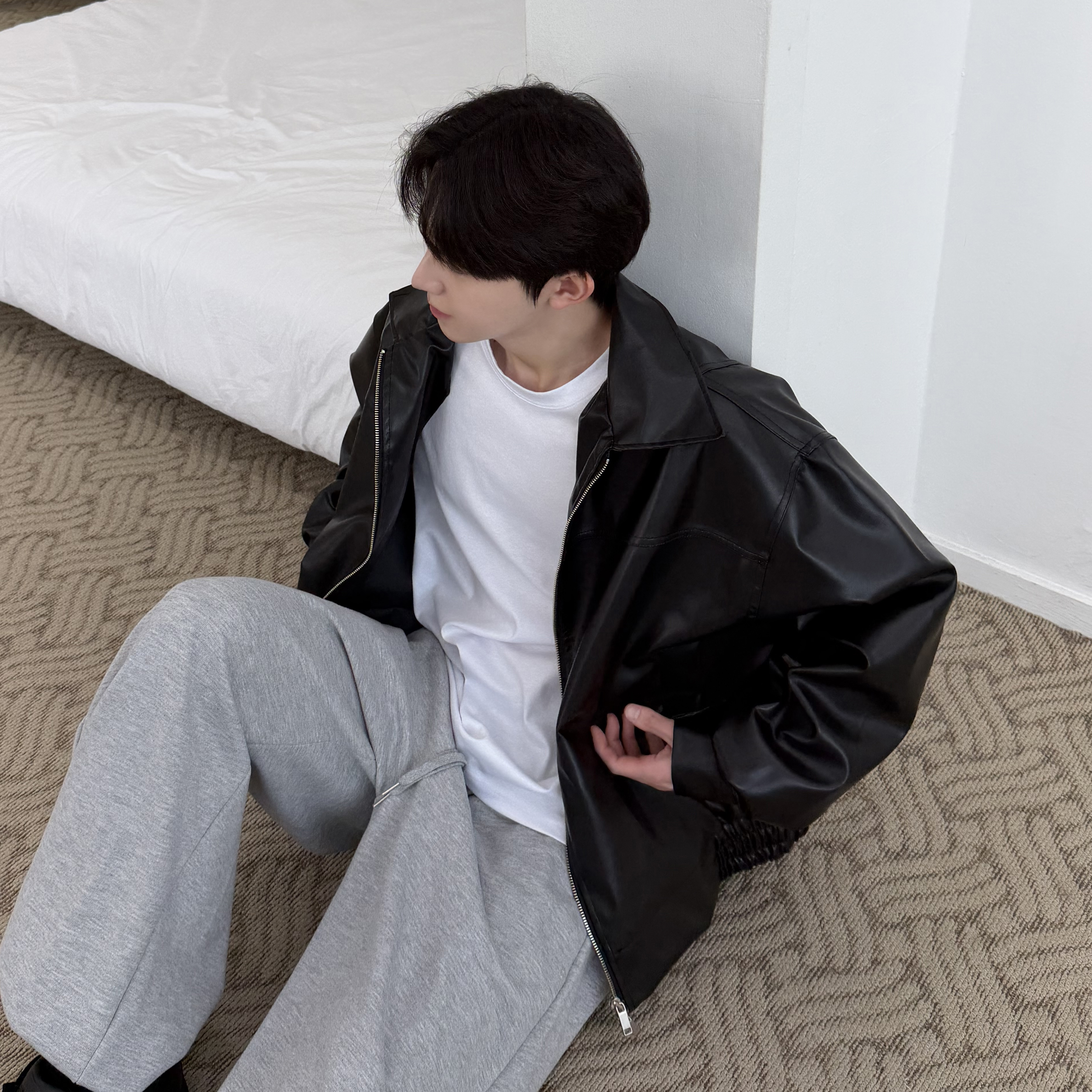 남녀공용 오버핏 투웨이 레더 자켓 오버핏 블루종 가죽 점퍼 라이더 봄아우터 - 상세 이미지 2