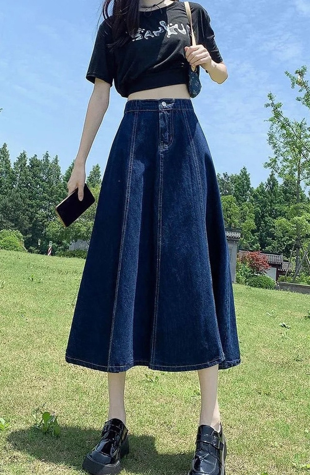J2K 여자 데님 롱 스커트 A라인 청치마 뒷밴딩 빅사이즈 - 상품 이미지