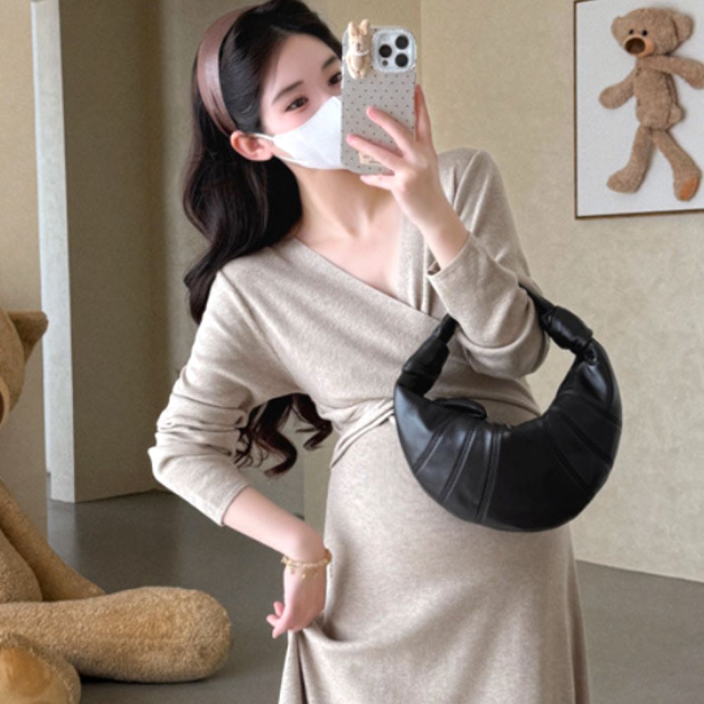 임산부하객룩 키작녀 임부복 봄 결혼식 가을 롱 원피스 - 상품 이미지