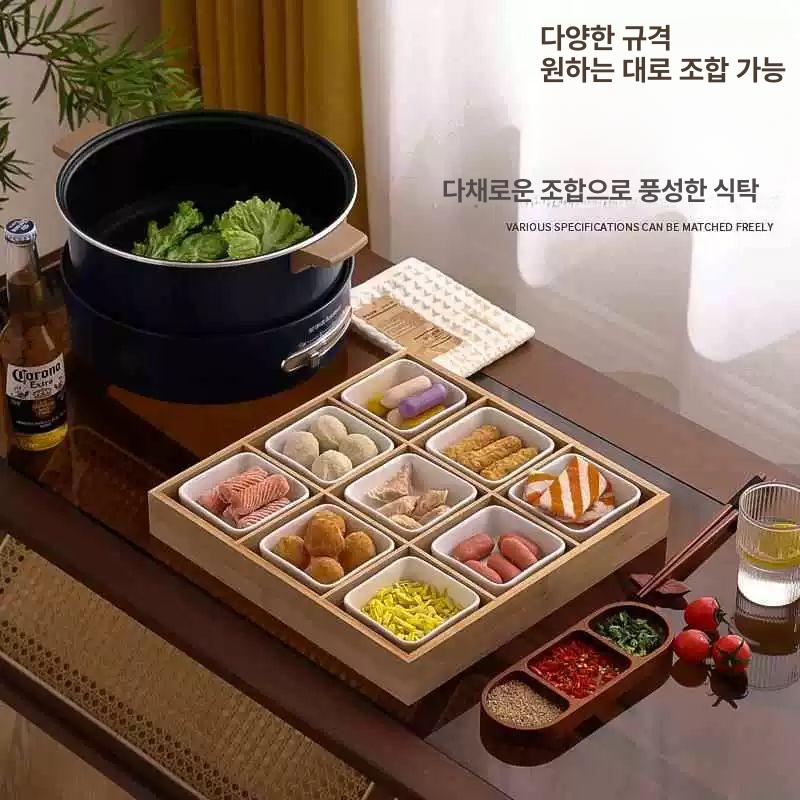 일본식 접시 회플레이팅 트레이 화이트 우드 9구 9칸 + 9 연꽃 모서리 세라믹 접시 0inch - 상세 이미지 3
