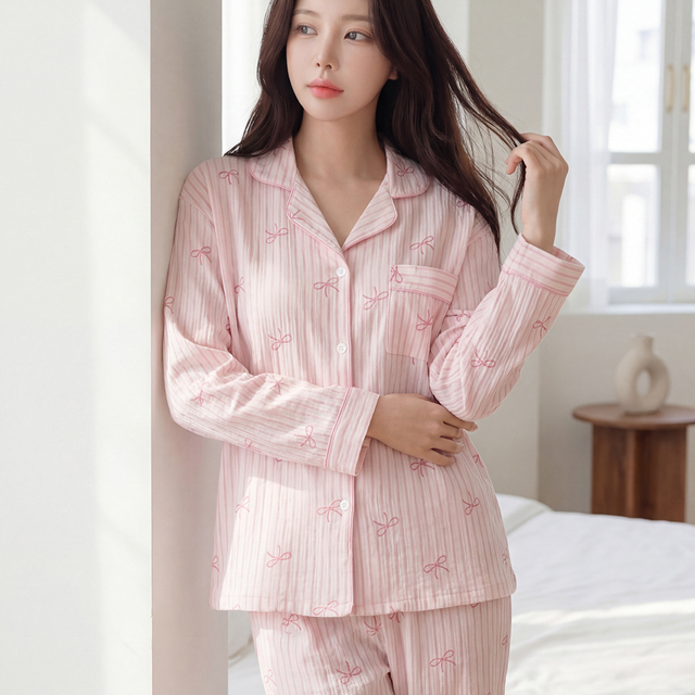 [M~XL]간절기 잠옷 핑크리본 파자마세트 홈웨어 - 상품 이미지