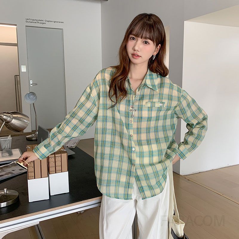 여성 데일리 캐주얼 코튼 체크 자수 긴팔 셔츠 오버핏 빈티지 포켓 블라우스 바디라인 커버 루즈핏 상의 - 상품 이미지