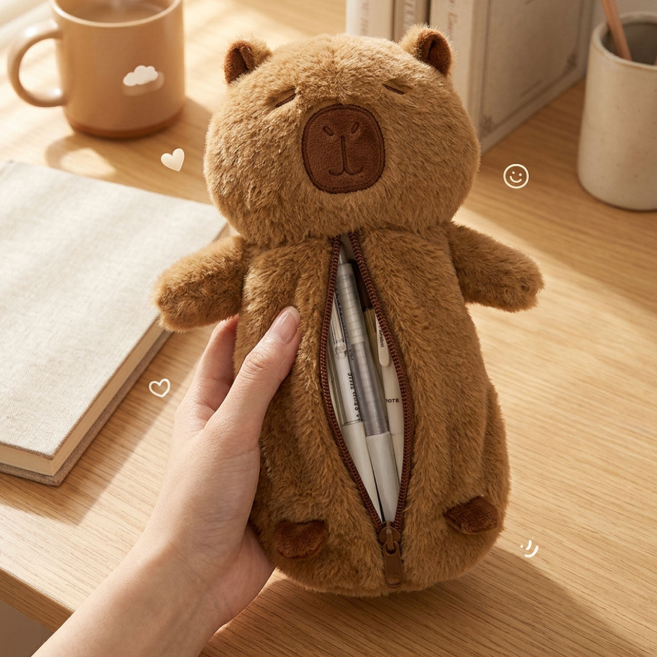카피바라 인형 앞 지퍼 펜 파우치 필통 봉제인형 화장품 필기구 수납 생리대 학생필통 - 상품 이미지