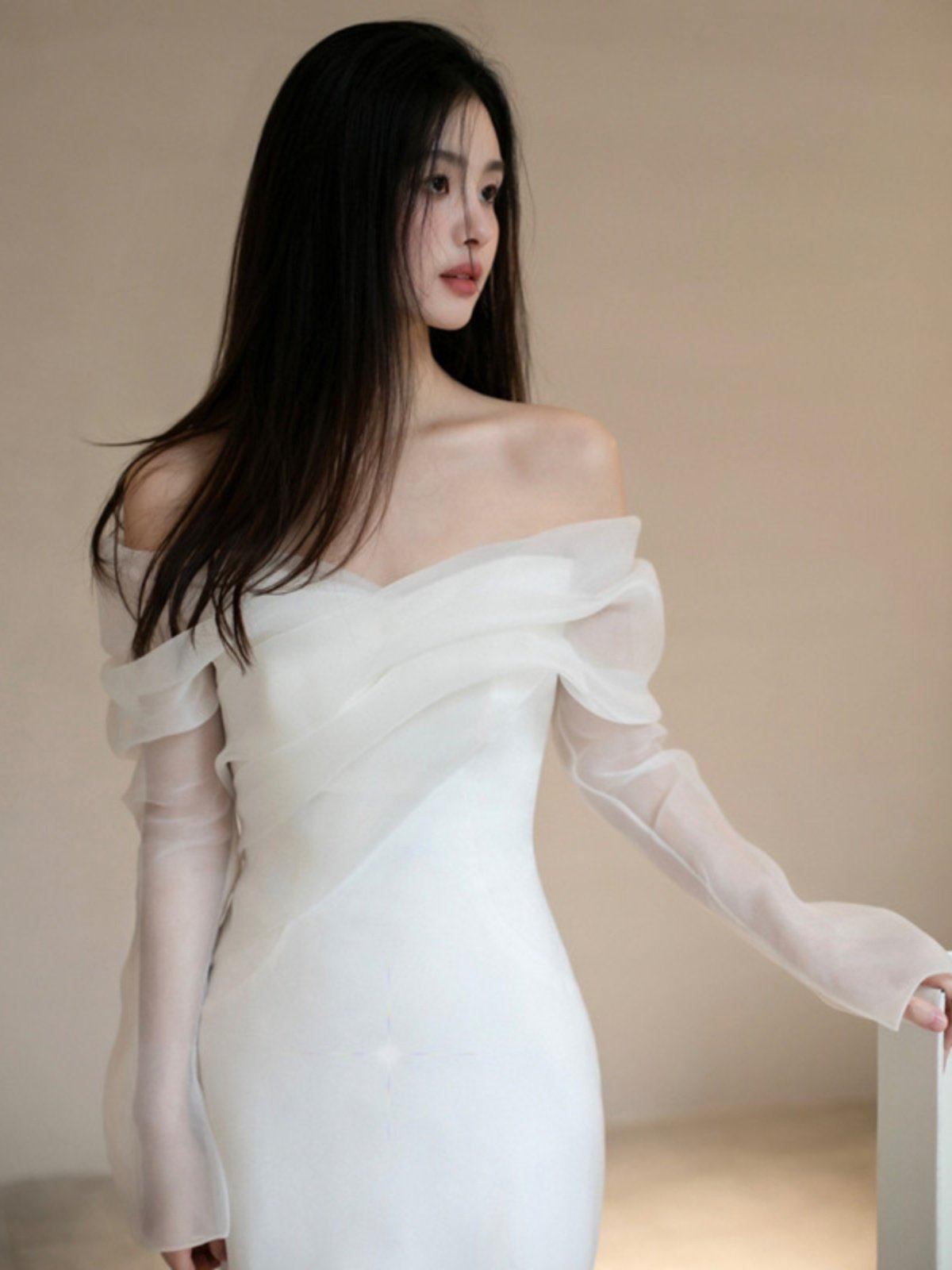 셀프웨딩드레스 실크 슬림 2부 여성용 웨딩스냅 피로연 화이트 XS - 상세 이미지 4