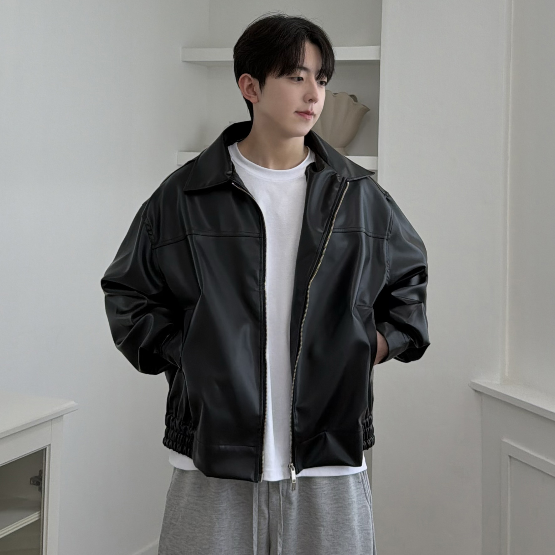 남녀공용 오버핏 투웨이 레더 자켓 오버핏 블루종 가죽 점퍼 라이더 봄아우터 - 상품 이미지