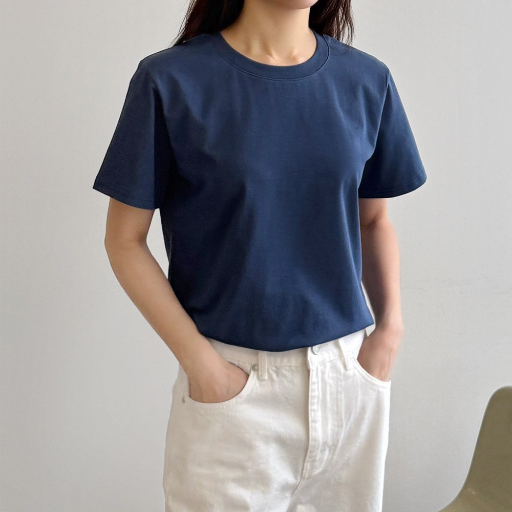 바이오워싱 코튼 스판 세미크롭반팔티 여자 크롭 티셔츠 기본 여성 가을 티셔츠 라운드 - 상세 이미지 2