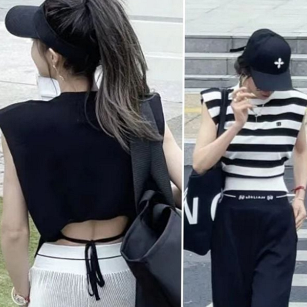 루즈핏 여성 민소매 티셔츠 스트라이프 민소매 티셔츠 라운드 여름 - 상품 이미지