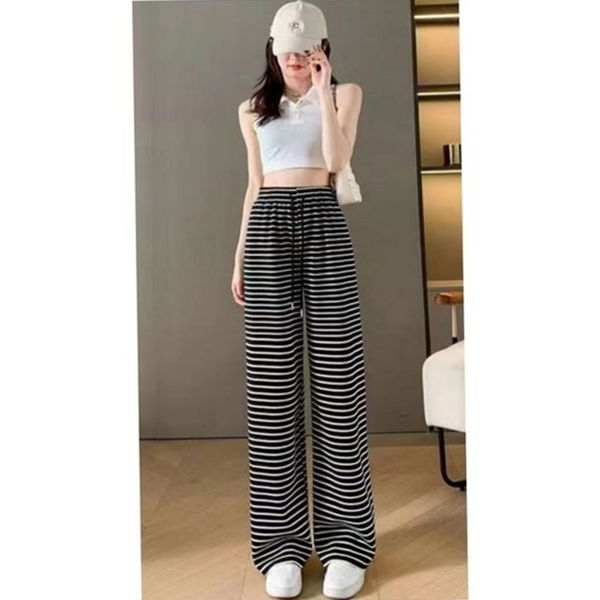 루즈핏 여성 스트라이프 와이드 팬츠 데일리 스트라이프 바지 통팬츠 여름 - 상품 이미지