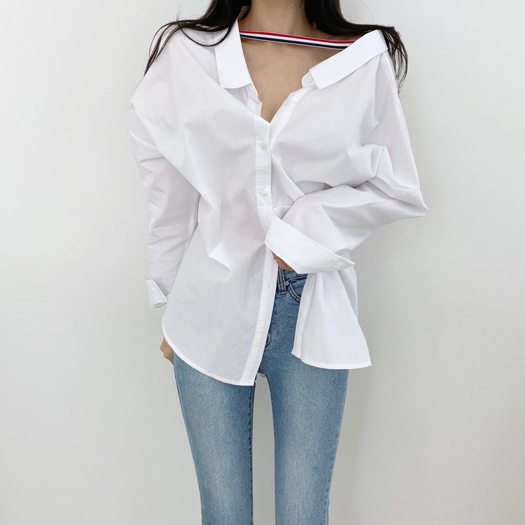 여성 봄 루즈핏 스트라이프 셔츠 블라우스 앞뒤착용 뒷트임 백버튼 포인트 - 상세 이미지 4