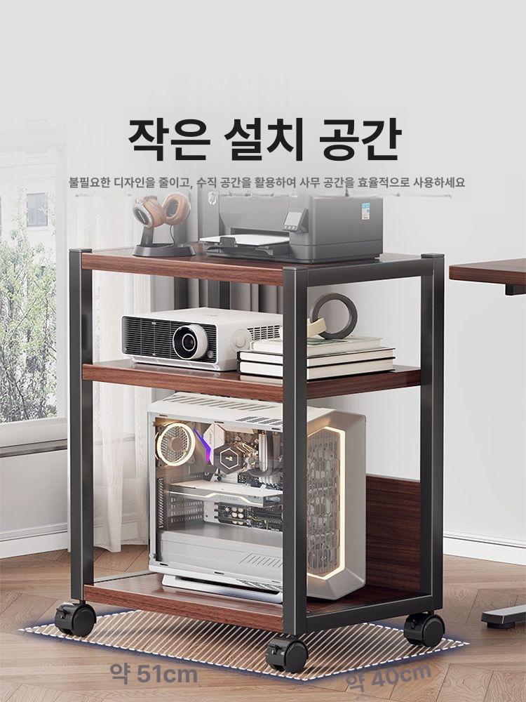 컴퓨터 본체 선반 우드 수납장 화이트 바퀴형 책상 3칸 블랙 프레임 - 블랙 월넛 - 상세 이미지 2
