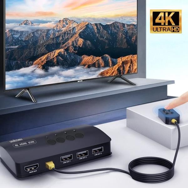 유니콘 4K 4포트 HDMI KVM스위치 모니터 키보드마우스 USB공유 HDMI케이블포함 KVM-400HV - 상품 이미지