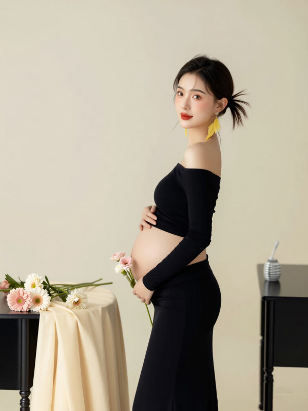 임산부 오프숄더 긴팔 원피스 블랙 슬림핏 체형 보완 촬영용 - 상세 이미지 3