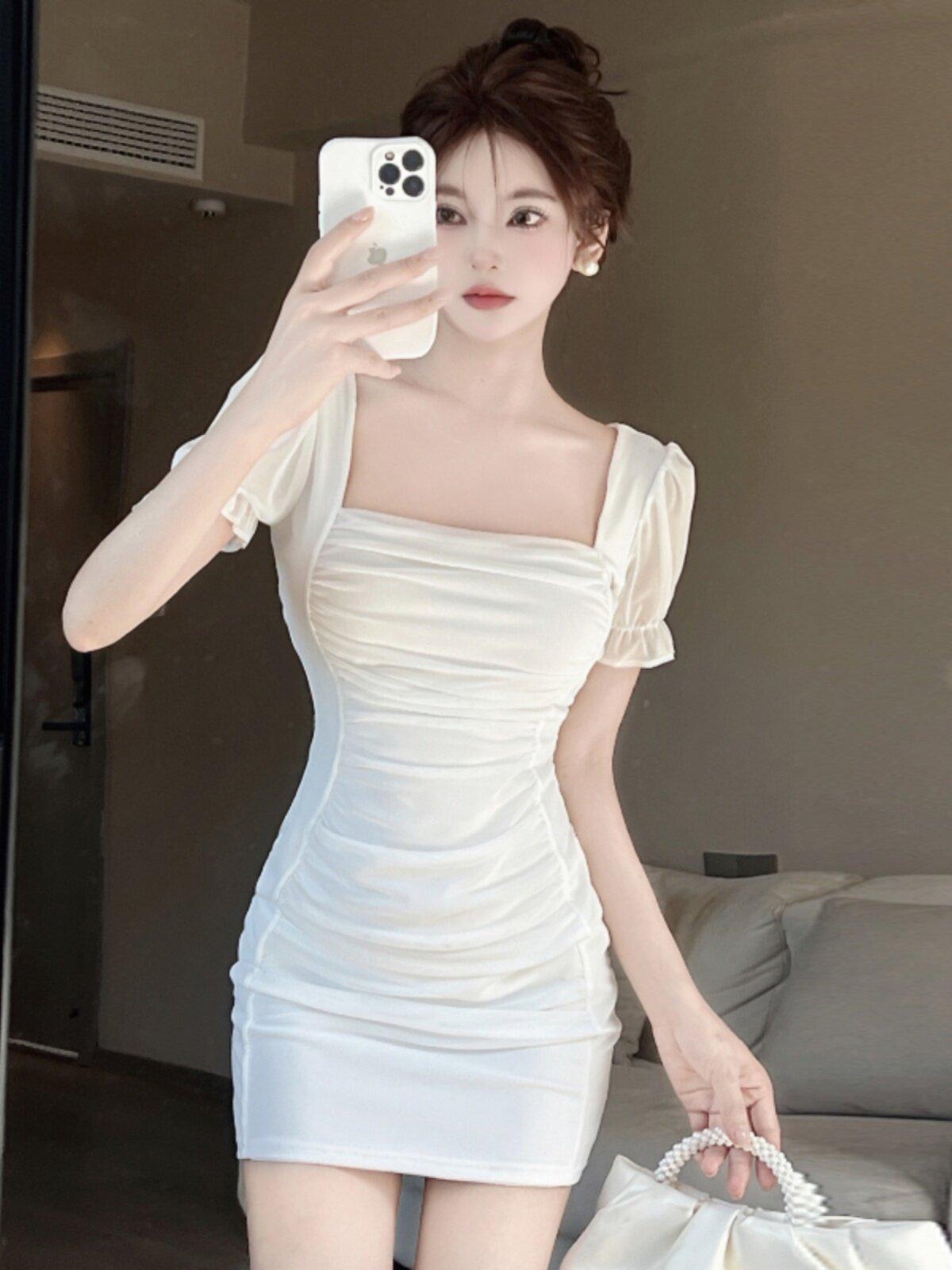홀복 원피스 BJ 방송 초미니 44 신상 파티룩 쉬폰 슬림핏 셔링 - 상세 이미지 5