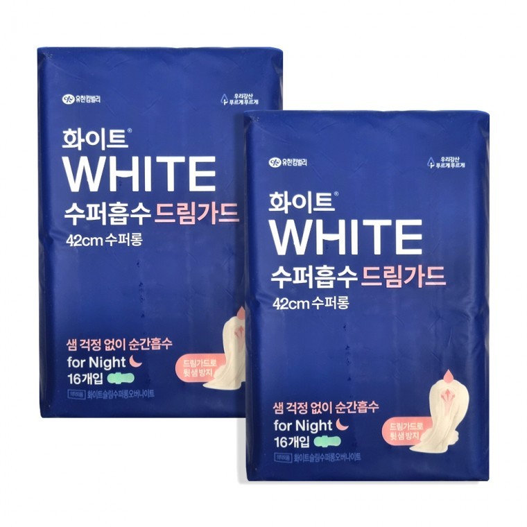 1+1화이트수퍼흡수 드림가드 수퍼롱 오버나이트42cm 16개입x2 - 상품 이미지